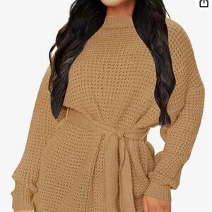 ZESICA Women's 2024 Fall Long Sleeve Solid Color Waffle Knitted Tie Wasit Tunic